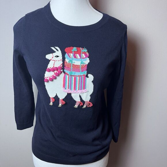 TALBOTS Llama Sweater Embroidered 3/4 Sleeve Navy Blue Size Petite Small - Picture 1 of 4